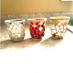 3 Piece Mosaic Teal Light Candle Votive Holders- Red, Silver and Goldtone